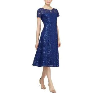 Sl Fashions Sequined Lace MIDI Dress - Iris Blue